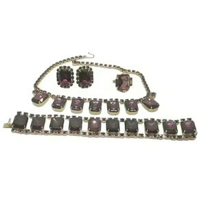 Vintage Rhinestone Rare Purple Necklace Bracelet Earrings Ring Set Mob Wives